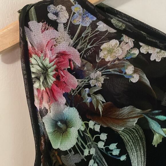 Fuzzi Bouquet Floral Hummingbird Print Sleeveless Tulle Jersey Sheath Dress - Picture 5 of 16